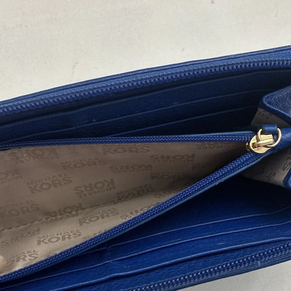 Michael Kors Women’s Blue Zip-Around Wallet with Logo Accents, Credit Card